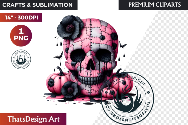 Pink and Black Gothic Halloween Skulls Clipart, pastel goth