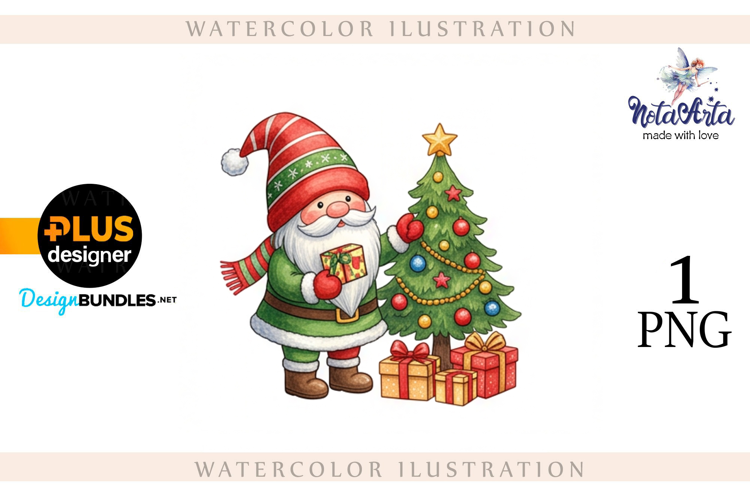Christmas Gnome Santa with a Sheep in Watercolor Style