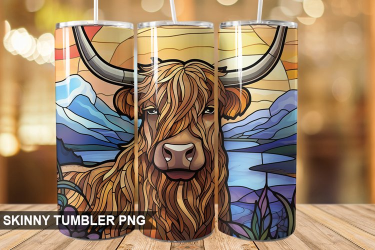 Stained Glass Highland Cow PNG Tumbler Design