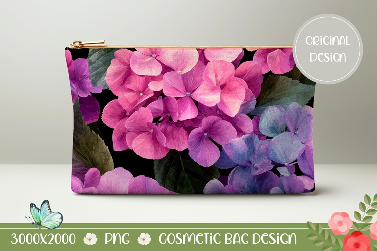 Pink Hydrangea Cosmetic Bag, Floral Cosmetic Bag Print