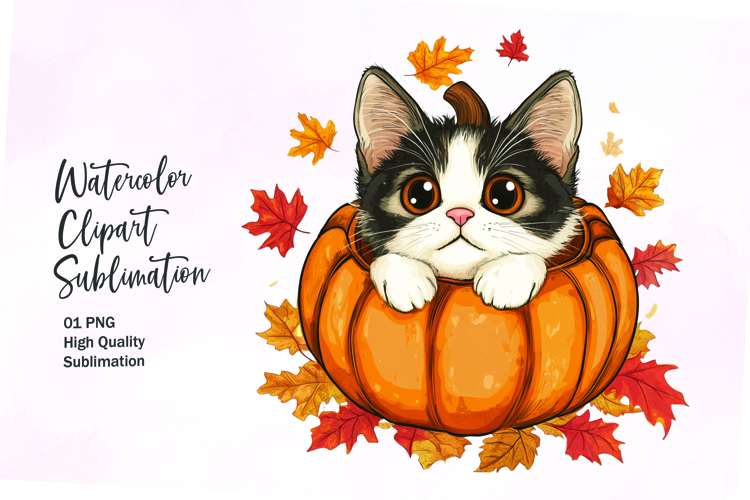 Cute cat inside pumpkin fall watercolor clipart