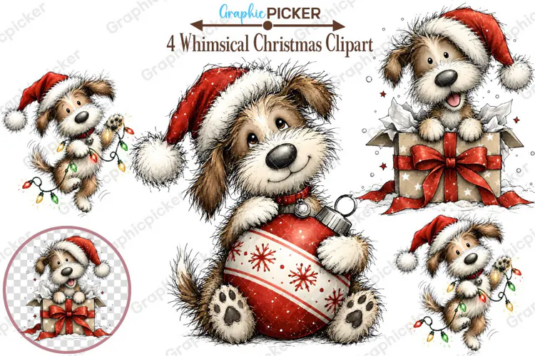 Whimsical Christmas Clipart, Christmas Dog Sublimation