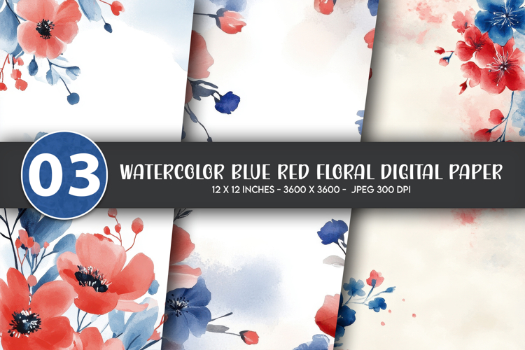 Watercolor Blue Red Floral Digital Paper