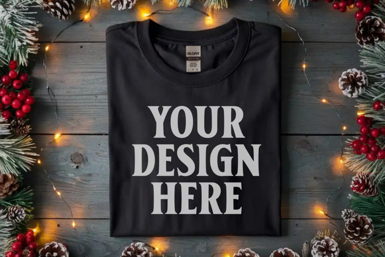 Gildan 64000 Black Folded Christmas Flat Lay T-shirt Mockup