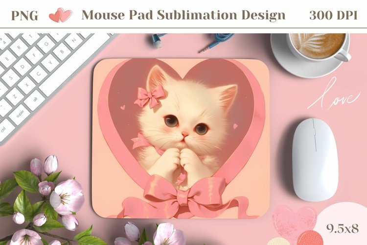 White Kitten Mouse Pad Design, Vintage Animals Mousepad Wrap example image 1