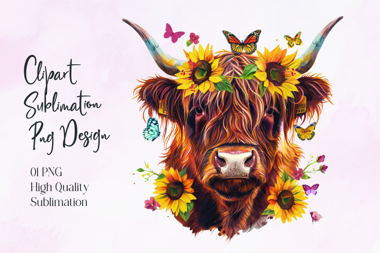 Highland Cow Sunflower Floral Sublimation PNG