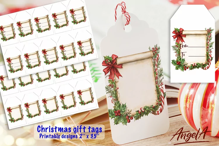 Christmas printable gift tag, retro old paper, holly leaves