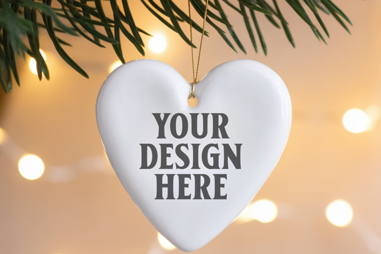 Romantic Christmas Ceramic Heart Ornament Mockup | Holiday