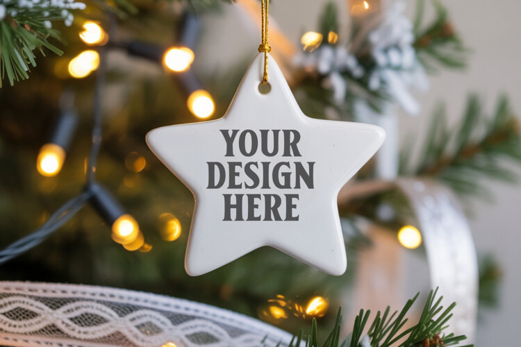 Christmas Star Ceramic Ornament Mockup | Cozy Boho Holiday D example image 1