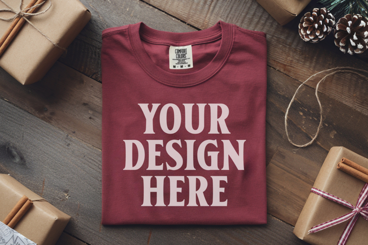 Crimson Comfort Colors 1717 Christmas Folded T-Shirt Mockup