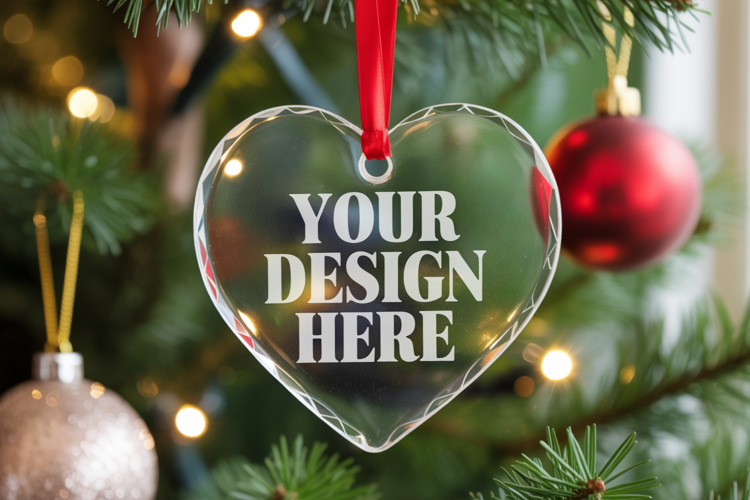 Christmas Heart Crystal Glass Ornament Mockups
