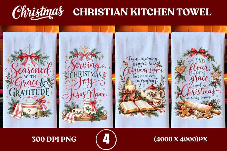 4 Christian Christmas Kitchen Towel PNGs, 4 Jesus Christmas