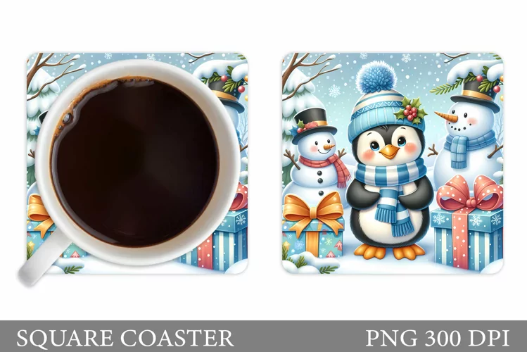 Cute Penguin Coaster Sublimation. Christmas Coaster Design
