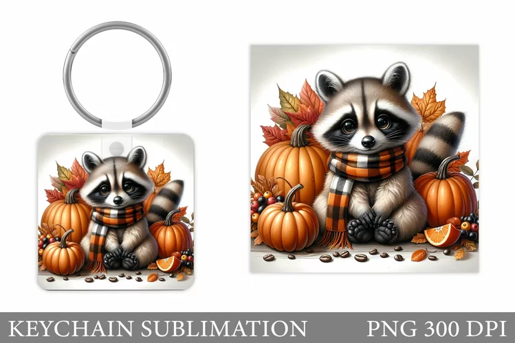 Fall Raccoon Keychain Design. Fall Keychain Sublimation