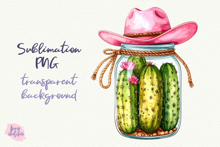 Pickle Jar Pink Cowboy Kawaii Cactus Sublimation Design