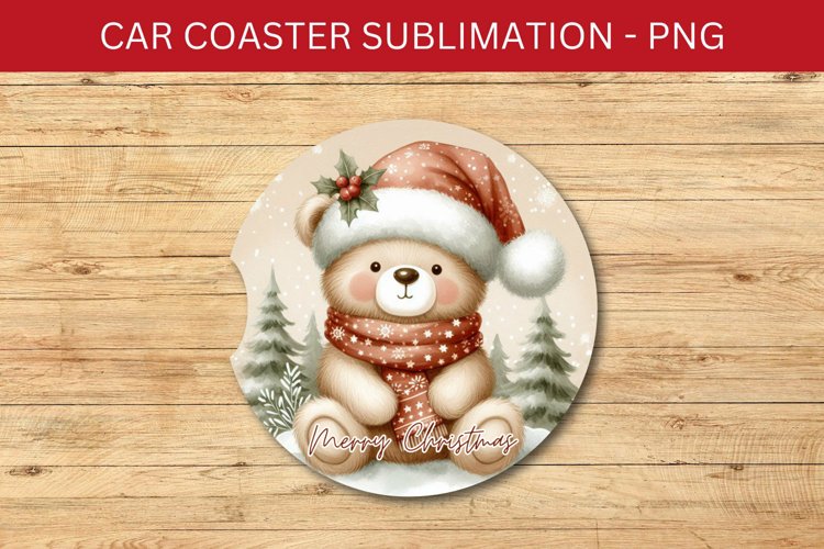 rounded car coaster - baby bear wearing santa hat