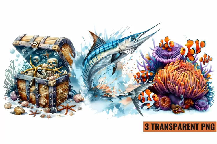 Watercolor Sea Animals Clipart , PNG