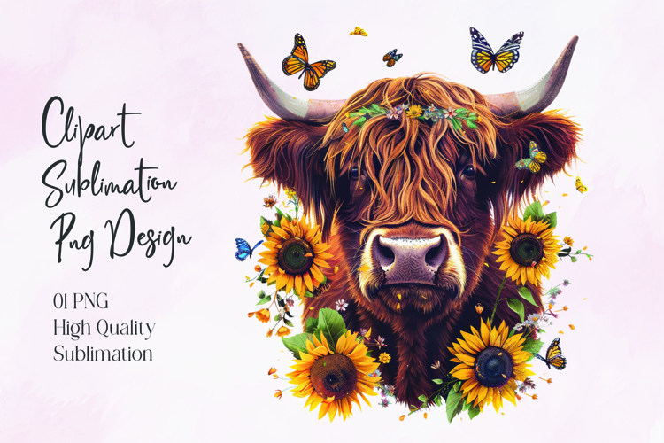 Highland Cow Sunflower Floral Sublimation PNG