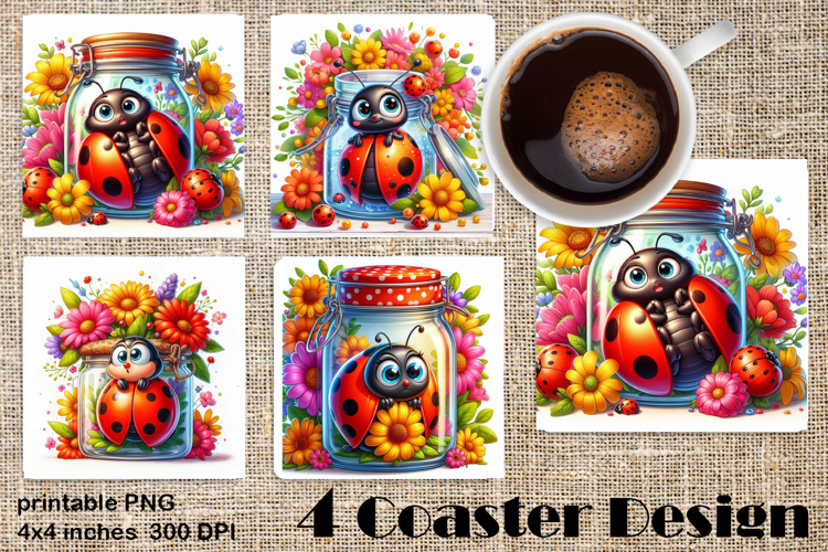 Watercolor Lady Bug Square Coaster PNG. Coaster Sublimation