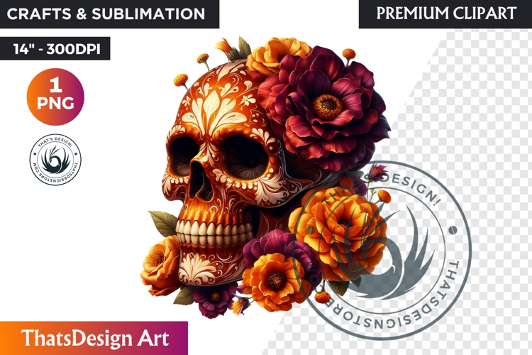 Floral Sugar Skull Day of the Dead Clipart, dia de muertos