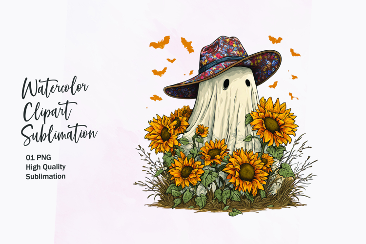 Cute ghost with sunflower watercolor clipart sublimation