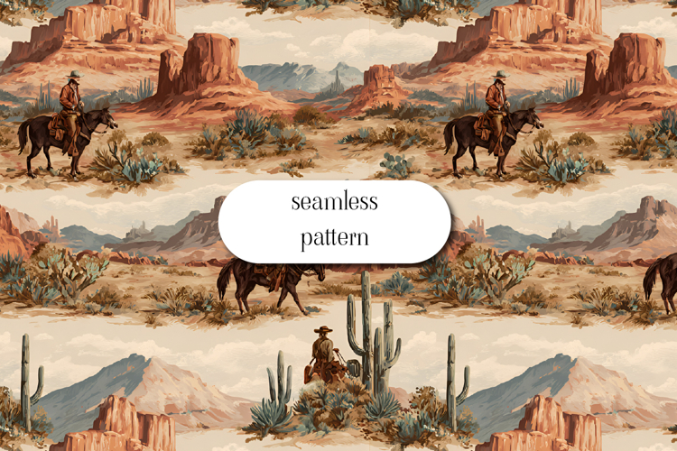 Western Desert Seamless Pattern Cowboy Landscape Art