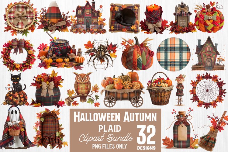 Halloween Autumn Plaid Clipart Bundle PNG example image 1