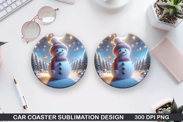 Snowman Car Coaster Sublimation|Christmas Coaster PNG Design