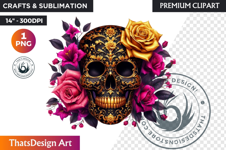 Floral Black Gold Sugar Skull Day of the Dead Clipart PNG