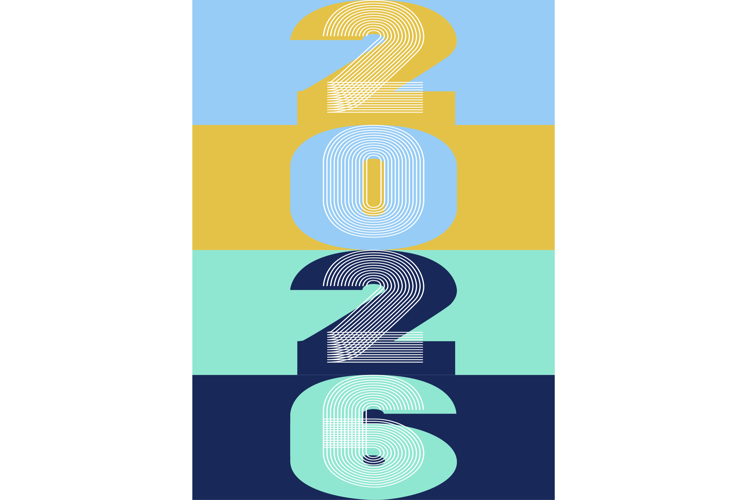 Cover with vertical 2026 number on geometric background