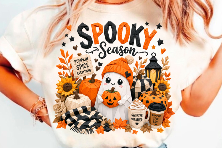 Spooky Season Pumpkin Spice T-Shirt Design With Cute Ghost,
