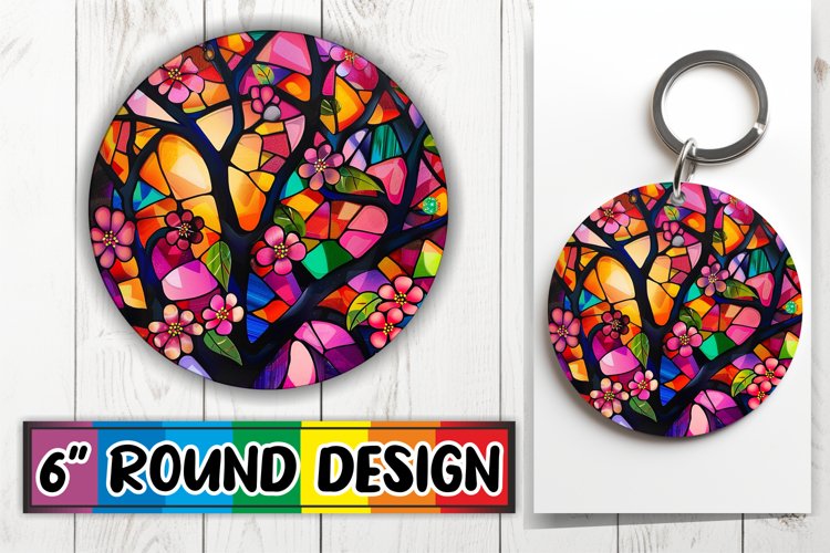 Colorful Stained Glass Tree Keychain Round Design Sublimatio example image 1