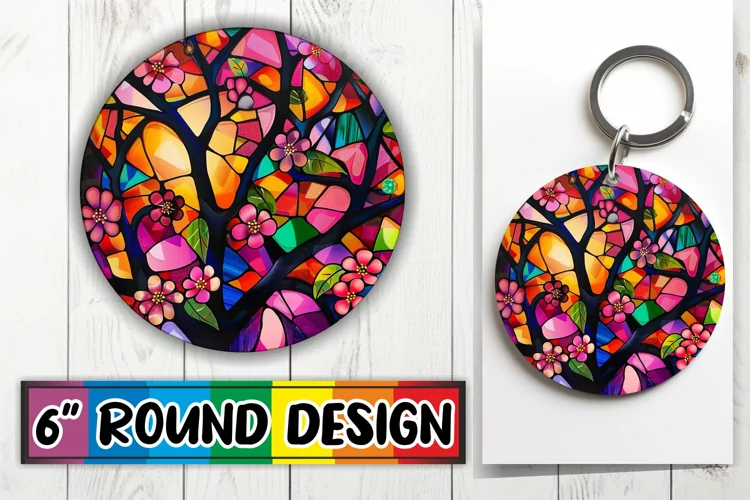 Colorful Stained Glass Tree Keychain Round Design Sublimatio
