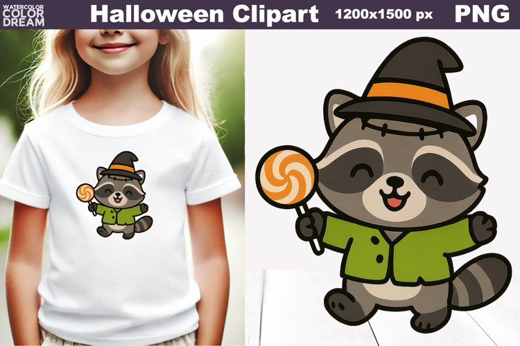 Cute Halloween Raccoon Clipart | PNG with Lollipop for Kids