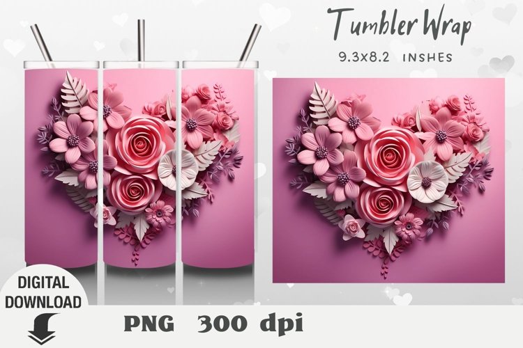 Flowers 3D Valentine Tumbler Wrap, Flowers 3D Sublimation, example image 1