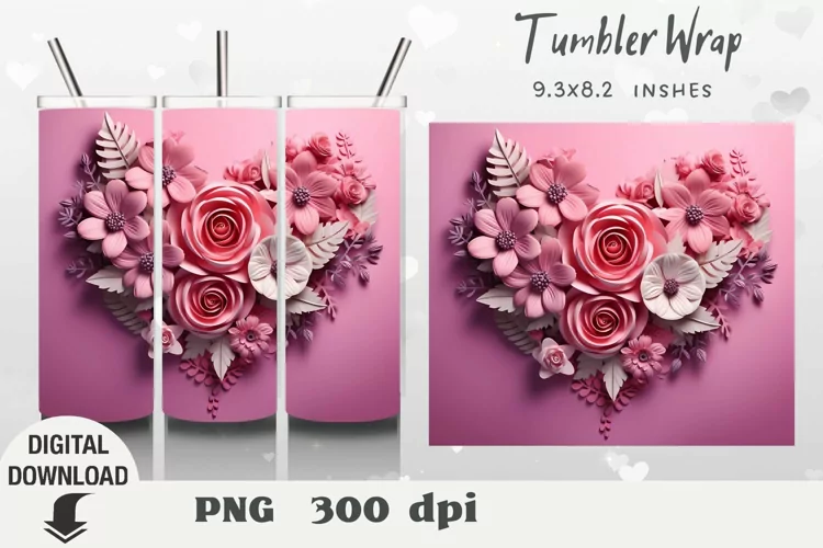 Flowers 3D Valentine Tumbler Wrap, Flowers 3D Sublimation,