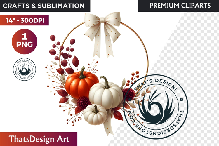 Cozy Autumn Wreath - Boho Farmhouse Fall Clipart PNG