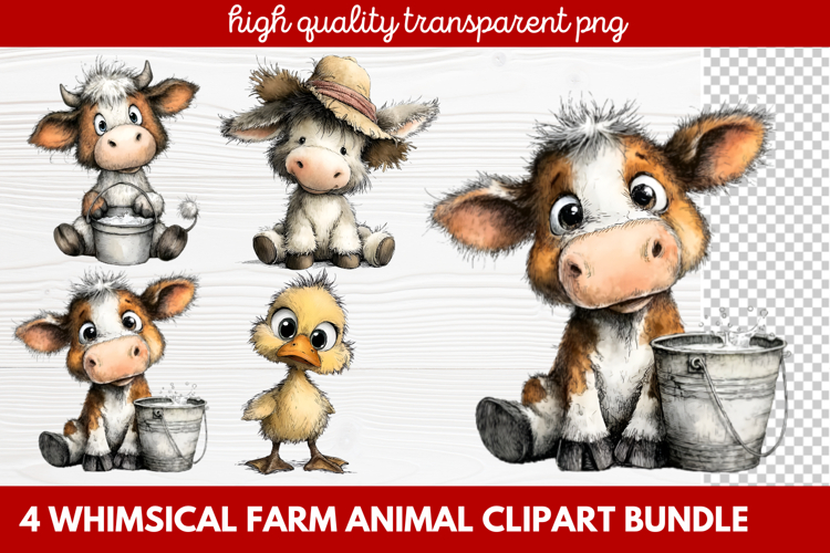 4 Whimsical Farm Animal Clipart | Cute Farm Animals PNG Set