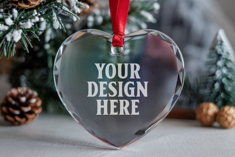Christmas Heart Crystal Glass Ornament Mockup | Clear Heart
