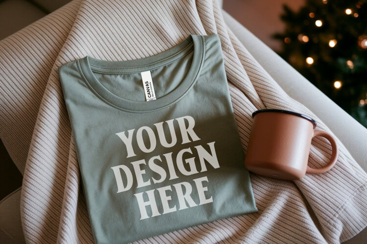 Christmas Bella Canvas 3001 Heather Olive Folded Tshirt Mock example image 1