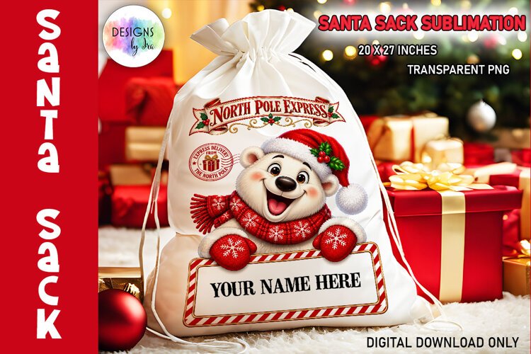 Christmas Polar Bear Santa Sack Sublimation PNG example image 1