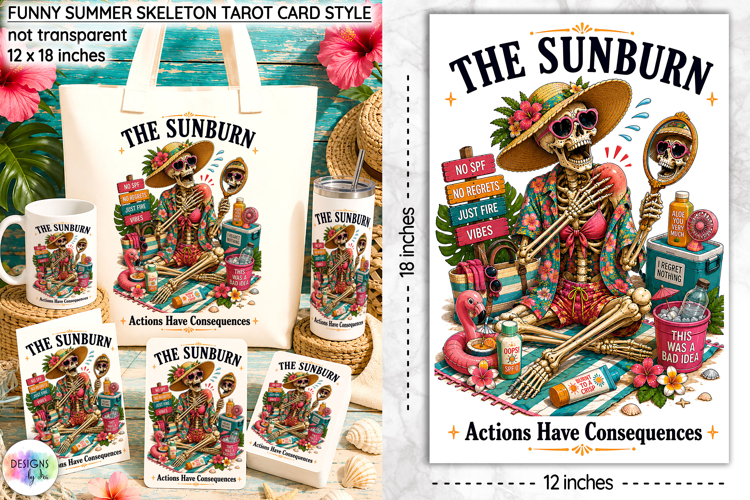 Funny Summer Skeleton Tarot Card Design, Sunburn Skeleton