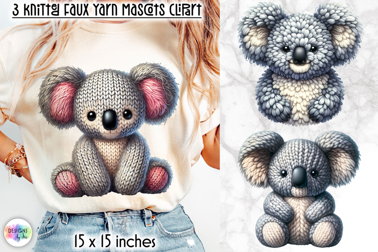 Knitted Koala Clipart, Faux Yarn Plush Baby Koala Mascot