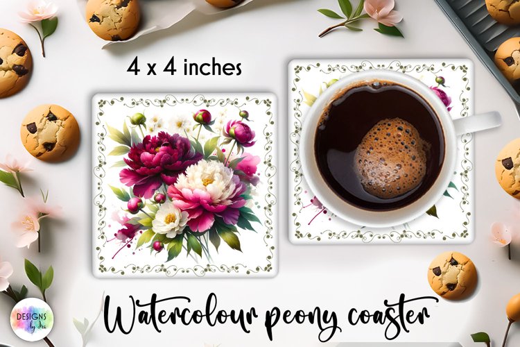 Watercolour Peonies Coaster Print | Peony Flowers PNG