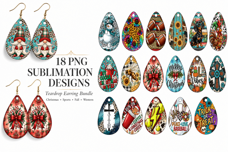 18 Teardrop Earring PNG Sublimation Designs Digital Bundle