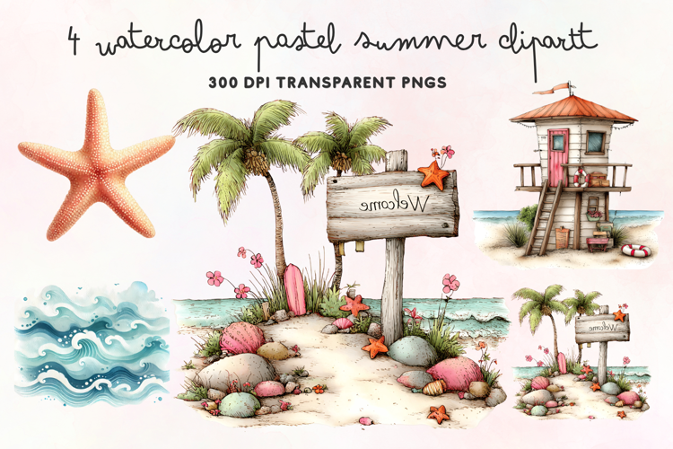 Watercolor Pastel Summer Clipart PNG