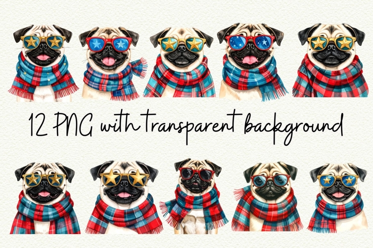 Vintage Christmas Pug Clipart Retro Christmas Dog PNG