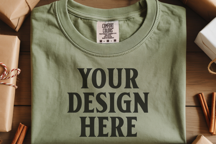 Moss Comfort Colors 1717 Christmas Folded T-Shirt Mockup
