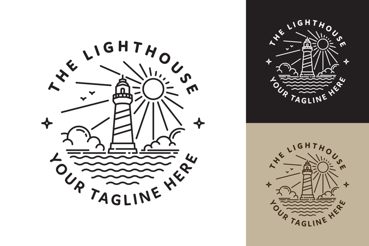Line art lighthouse logo with clouds and waves.