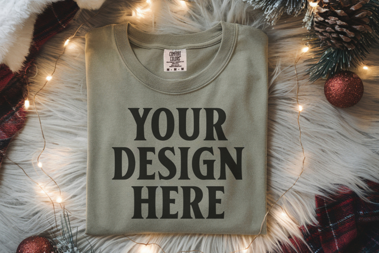 Moss Comfort Colors 1717 Christmas Folded T-Shirt Mockup